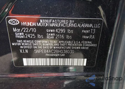 2011 Hyundai Sonata Gls from USA, damaged, VIN 5NPEB4AC2BH038030